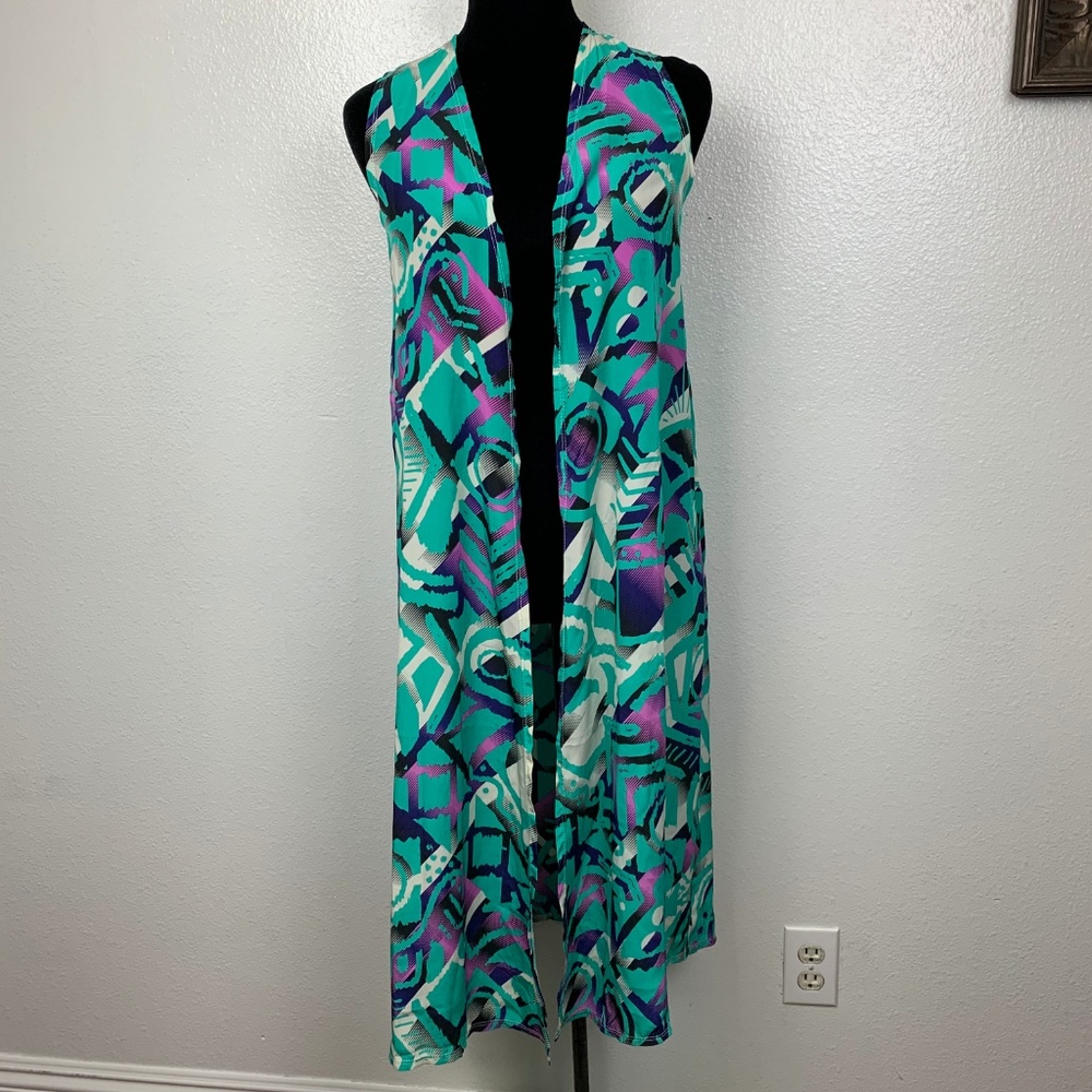 LuLaRoe‎ Joy Teal Black Purple Sheer Cardigan Vest
